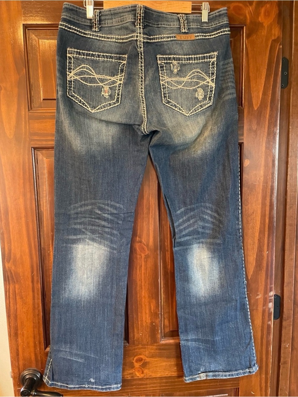 Women’s Cowgirl Tuff Distressed Dark Blue Jeans with American Flag Patch